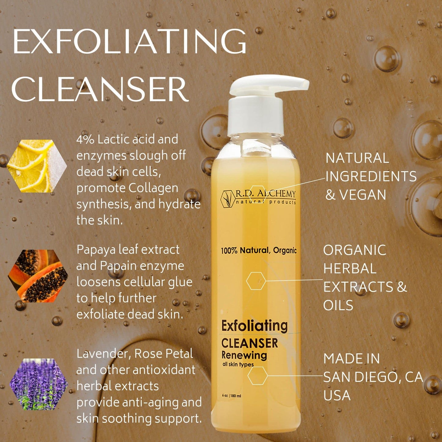 RD Alchemy - 100% Natural & Organic Exfoliating Cleanser - Natural Face Wash for All skin Types. Sulfate Free, with AHAs Gently Cleanse Dirt, Oil