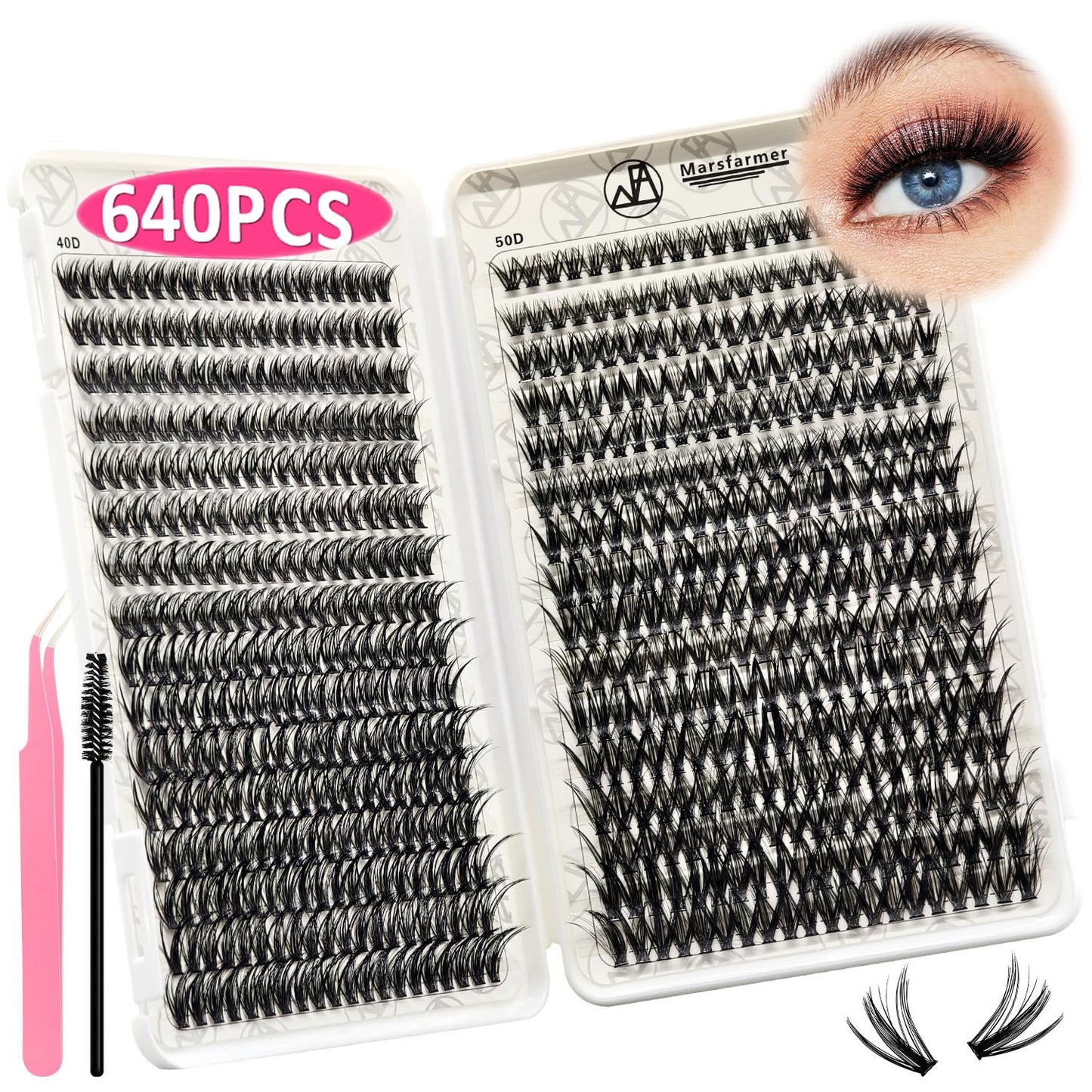 Marsfarmer 640pcs Individual Cluster Lashes Kit - False Eyelashes 9-16mm 40D+50D D Curl with Lash Cluster Applicator Tweezer, Reusable