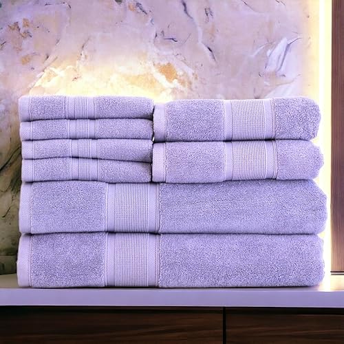 Luzia 8 Piece Bathroom Towel Set - 100% Turkish Cotton, Premium Quality - 2 Bath Towels 2 Hand Towels and 4 Washcloths (Lavender/Purple)