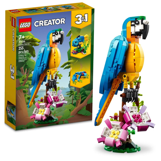 LEGO Creator 3 in 1 Exotic Parrot 31136, Build Colorful Parrot, Fish or Frog, Animal Building Toy Set for Kids Ages 7+, Creative Play Gift