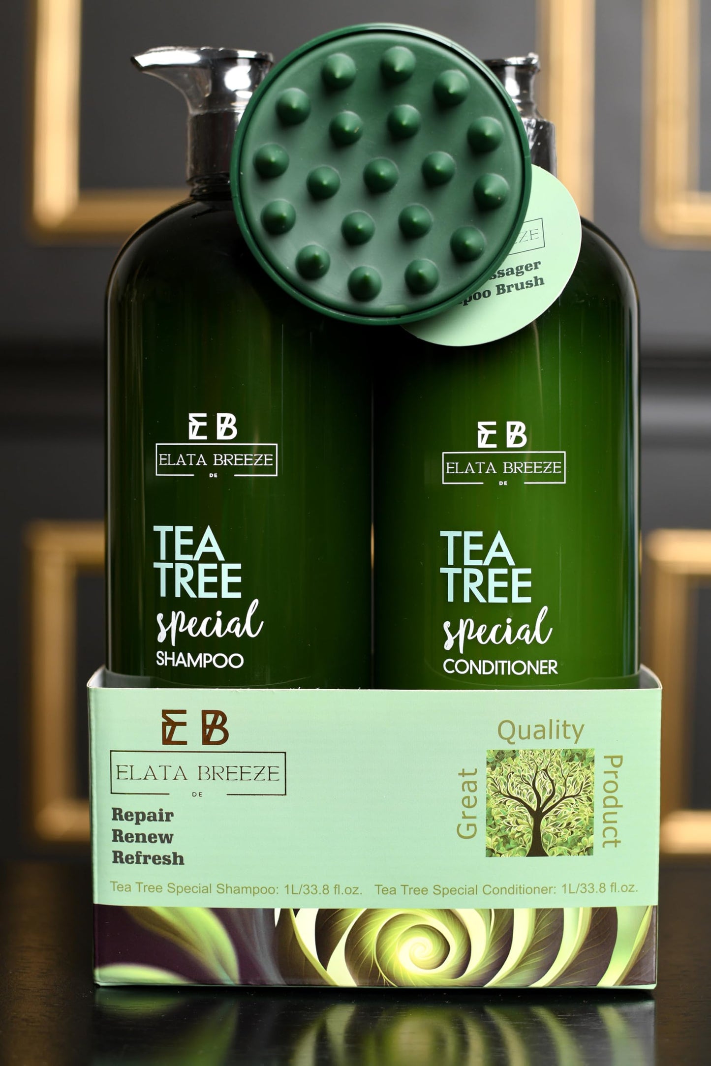 Peppermint Tea Tree Special Shampoo and Conditioner Set (33.8 0z)- Elata de Breeze with Scalp Massager Brush | Soothes Itchy Scalp, Deep Cleans