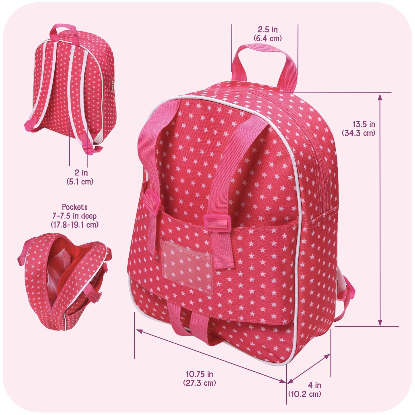Badger Basket Doll Travel Backpack for Dolls - Stylish, Durable Carrying Case with Clear Storage Pockets - Best for On-the-Go Play and Doll Accessories - Design in Pink & White Stars