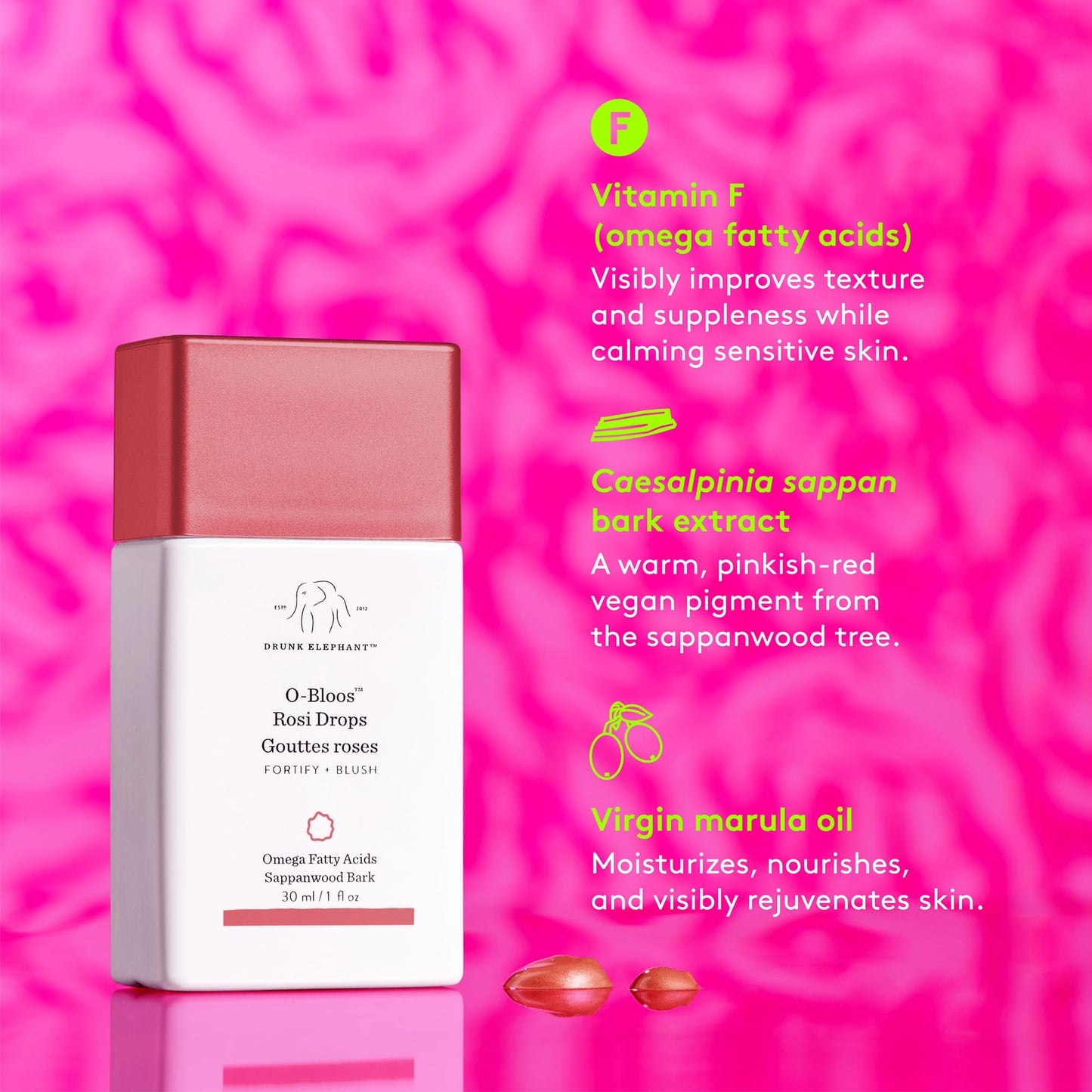 Drunk Elephant O-Bloos Rosi Drops - 30 ml/1 fl oz - Peachy-Pink Color Serum Drops - Clean Clinical Skincare - Cruelty-Free - Dermatologist-Tested