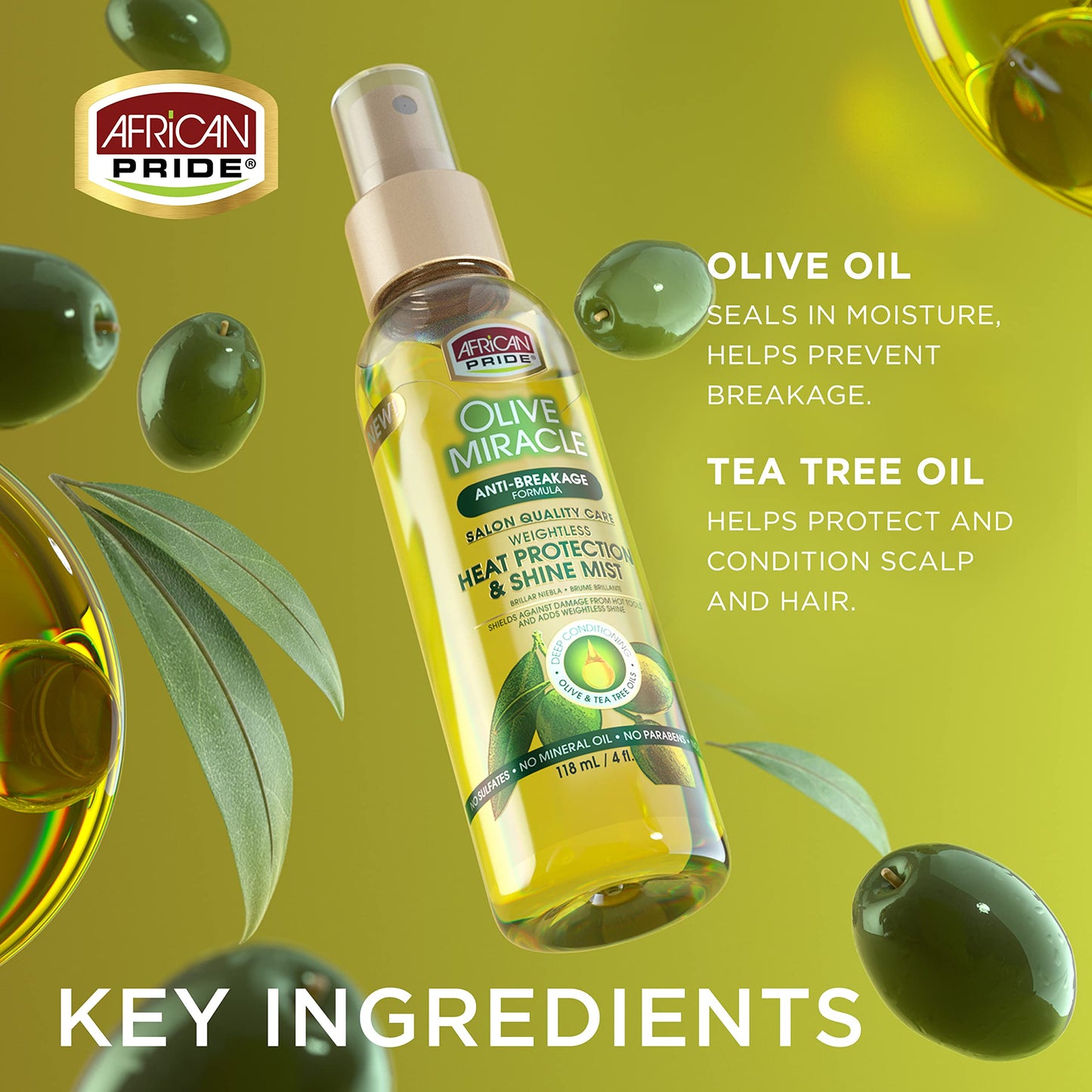 African Pride Olive Miracle Weightless Heat Protection & Hair Shine Mist, Fights Humidity & Shields Against Heat Damage, Enriched with Olive & Tea