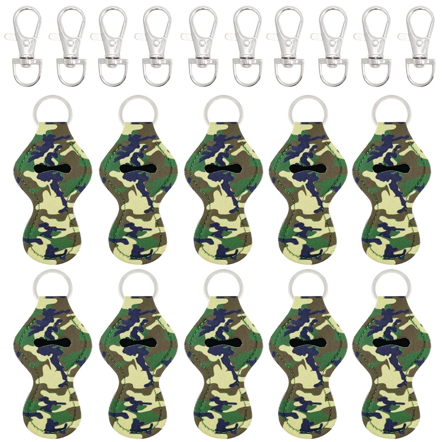allydrew 10 Pack Chapstick Holder Keychain, Keyring for Lip Balm Lip Gloss Lipstick with 10 Pieces Metal Keyring Clasps, Camouflage