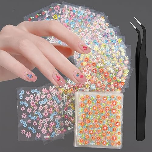 WOKOTO 50Pcs Self-Adhesive 3D Flower Nail Stickers Flower Nail Decals for Women Girls Kids Nail Art Floral Sticker Sheets with Tweezers