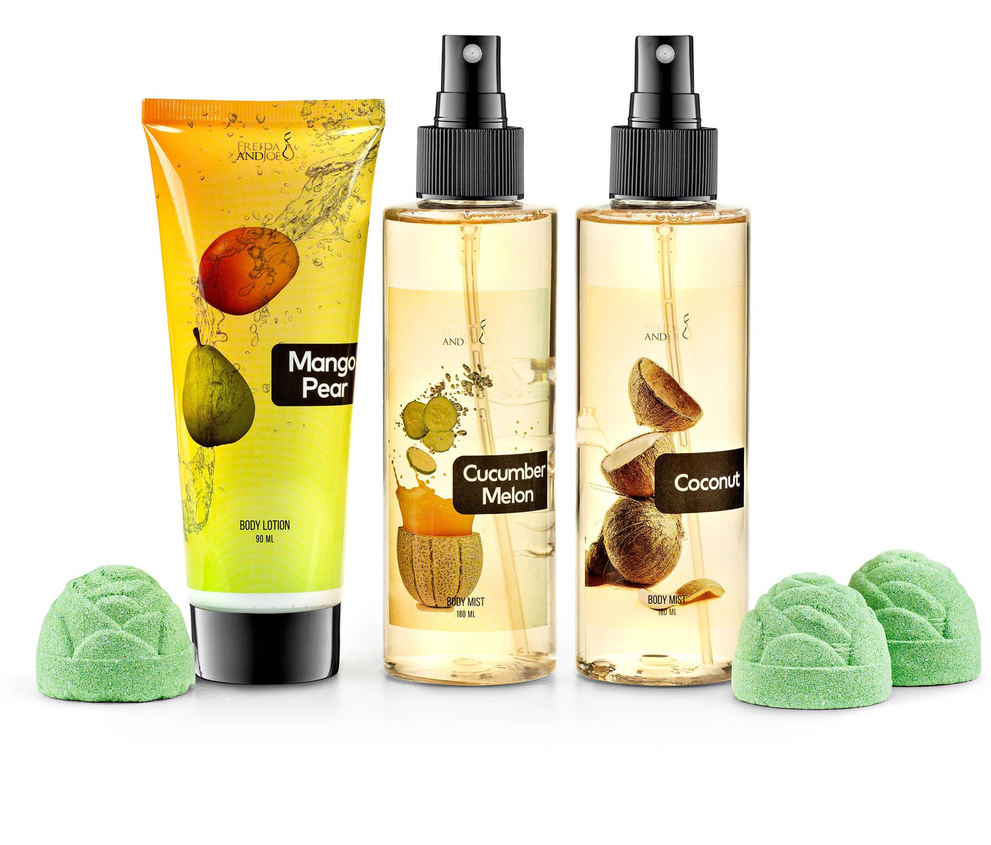 Fine Fragrance Body Mist & Body Splash Gift Set - Luxury Self-Care Combo for Women and Girls (Coconut, Cucumber, Mango Pear w/ Bath Fizzer, Bath Bomb)