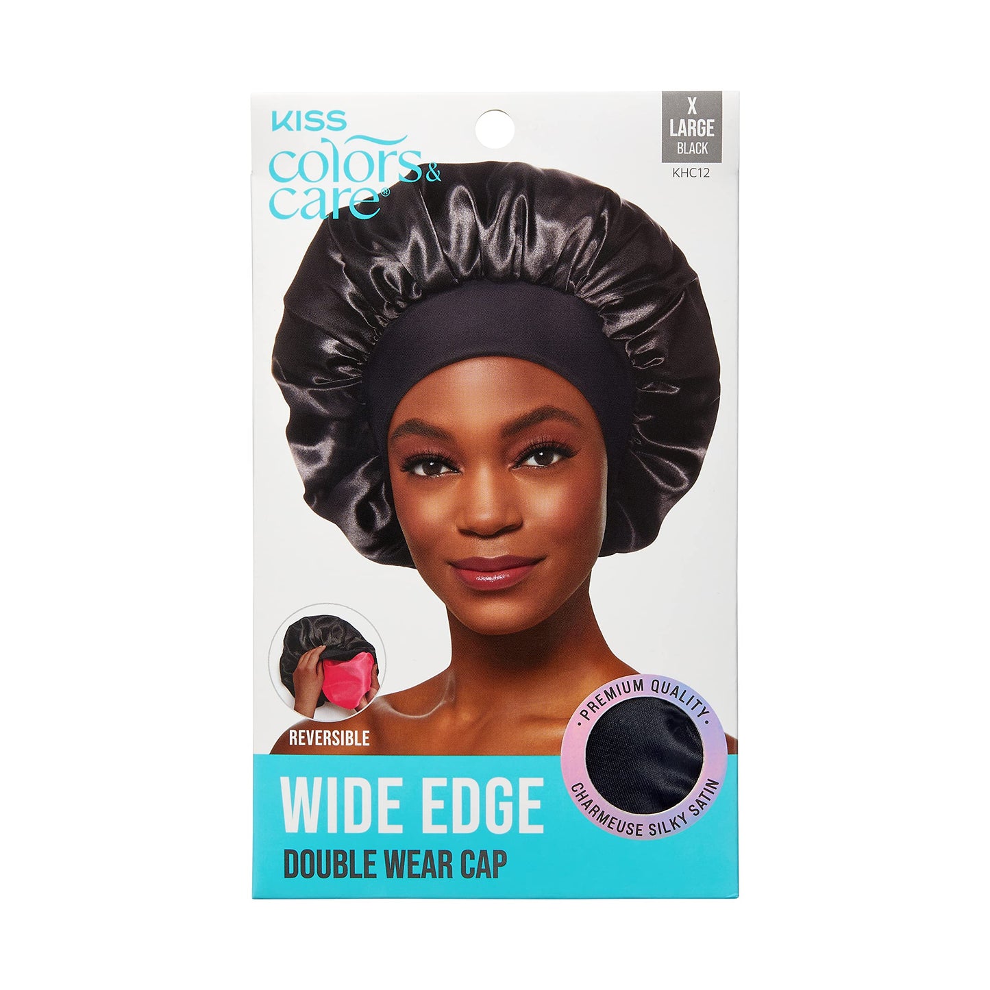 KISS Colors & Care Silky Satin Wide Edge Double Wear Cap XL, Black, Double Sided Reversible Design, Premium Charmeuse Fabric, Protects styles