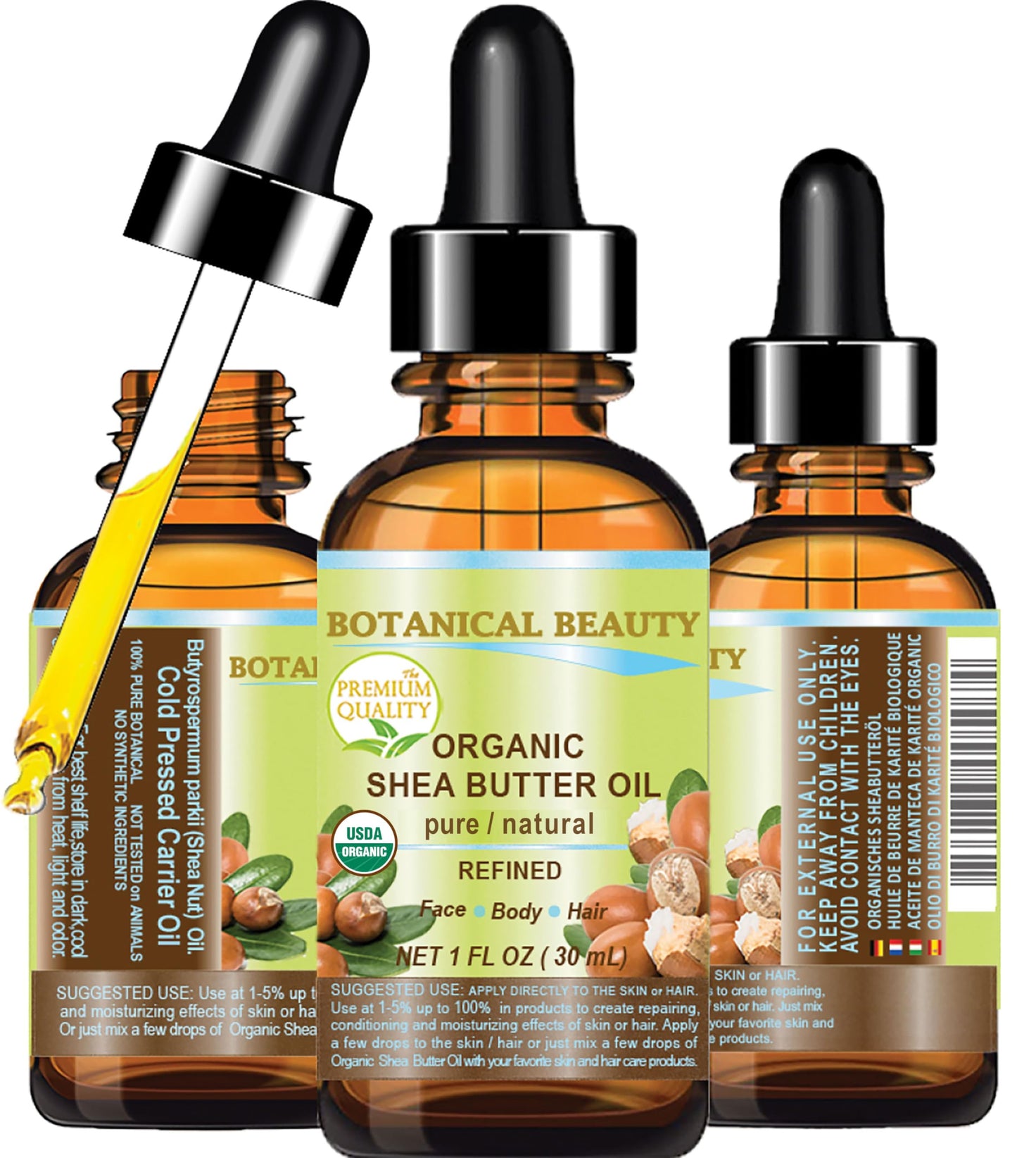 Botanical Beauty Organic SHEA BUTTER OIL 100% Pure Natural Undiluted Refined Cold Pressed Carrier Oil. 1 Fl.oz.- 30 ml for Face, Skin, Hair, Lip
