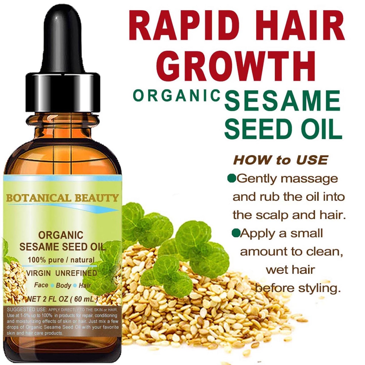 Organic SESAME SEED OIL 100% Pure Natural Virgin Unrefined Undiluted Cold Pressed Carrier Oil for Face, Skin, Body, Hair, Massage, Nails. 2 Fl. oz
