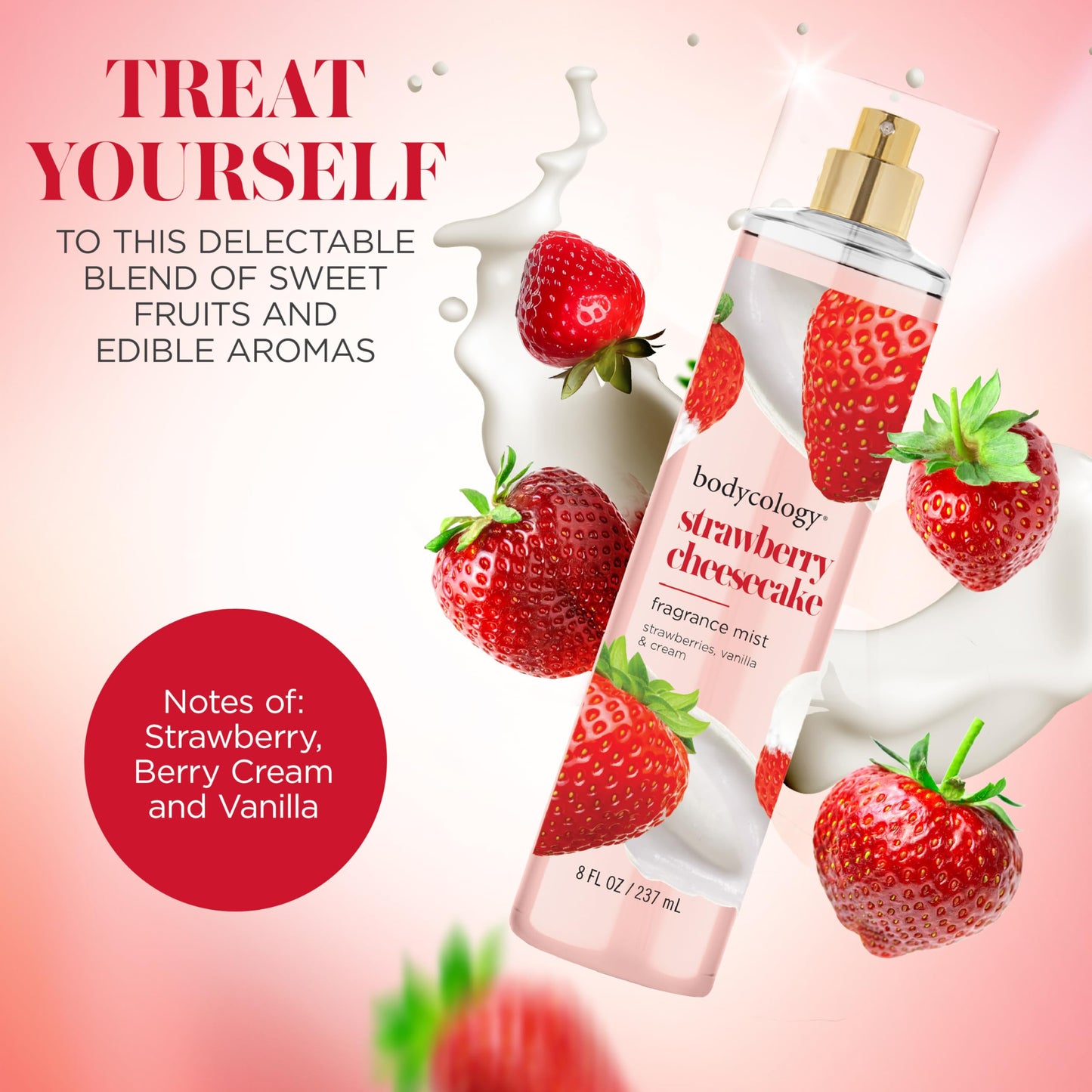 Bodycology Long-Lasting Fragrance Body Mist, Strawberry Cheesecake, 8 fl oz (Pack of 2)