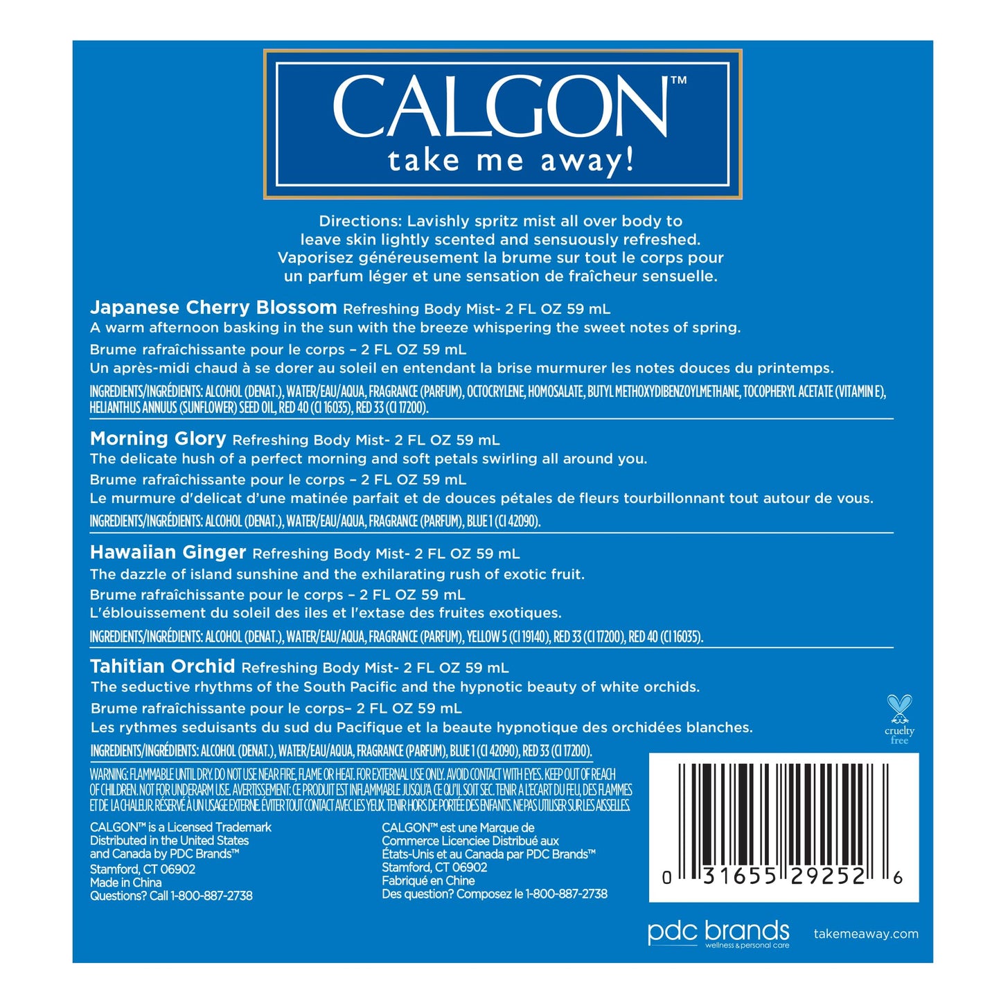 Calgon Take Me Away 4 Pc Gift Set (Refreshing Body Mist 2.0 Oz Of Spring Cherry Blossom Hawaiian Ginger Morning Glory Tahitian Orchid) for Women By 2