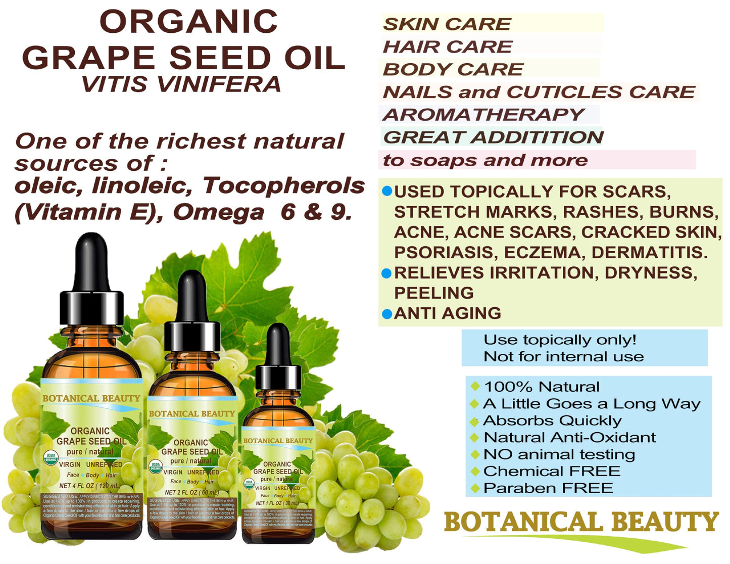 Botanical Beauty Organic GRAPE SEED OIL 100% Pure Natural VIRGIN UNREFINED Cold-Pressed Carrier Oil for Face, Skin, Body, Hair, Lip, Nails, Massage