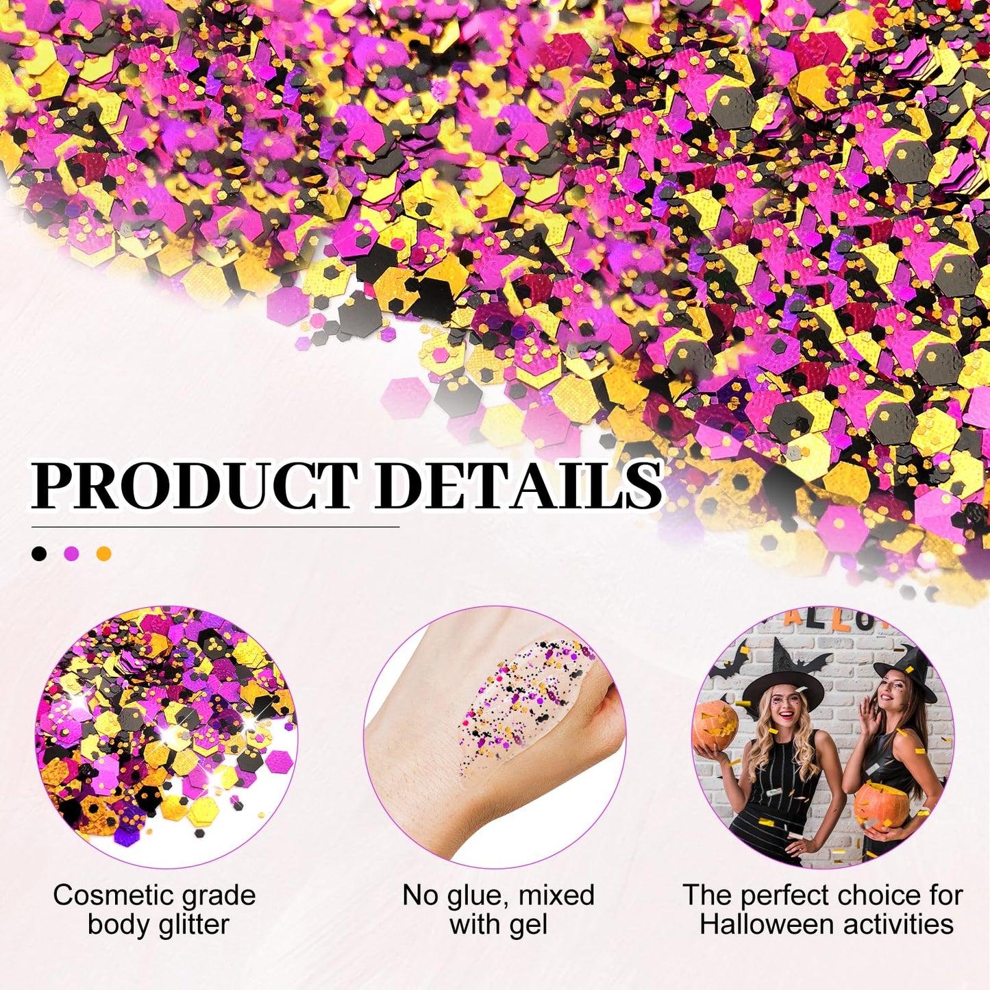 Black Orange Purple Mixed Holographic Chunky Glitter, 13g (2 Jars x 6.5g) Crafts Glitter Powder with 10g Gel and Brush, Halloween Iridescent Nail