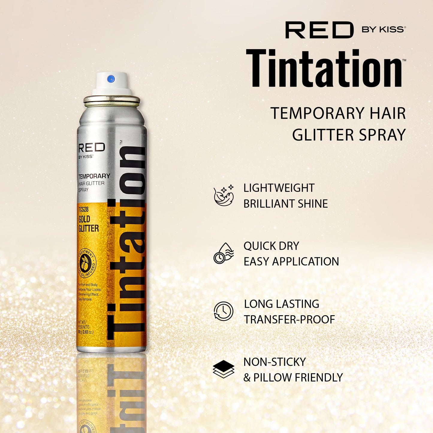 Red By Kiss Tintation Glitter Spray - Long-Lasting Body & Hair Sparkle, Quick-Drying, Waterproof for Events, Parties, Festival Rave, Prom