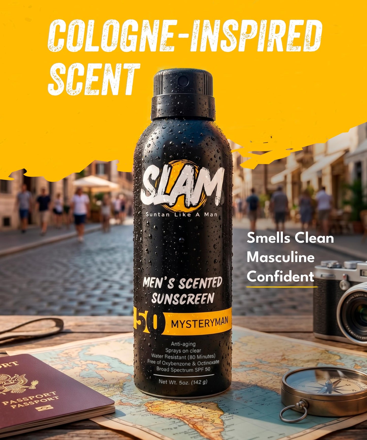 SLAM Men’s Sunscreen SPF 50 Spray - Broad Spectrum UVA/UVB Protection - Non-Greasy & No Harsh Chemicals - MysteryMan Sandalwood Tonka Bean Sage