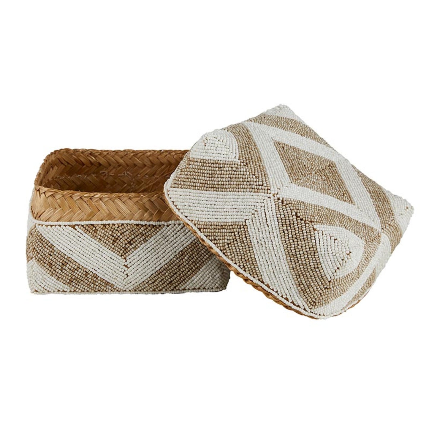 47th & Main Beaded Baskets Square Woven Bamboo Storage Boxes with Lids, Set of 3, Light Pattern