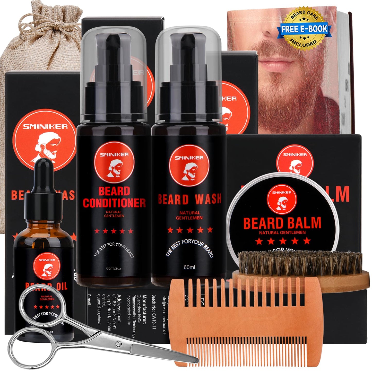 SMINIKER Beard Grooming Kit, Beard Oil, Beard Balm, Beard Shampoo, Beard Conditioner, Beard Brush, Beard Comb and Beard Mustache Scissors Beard Care