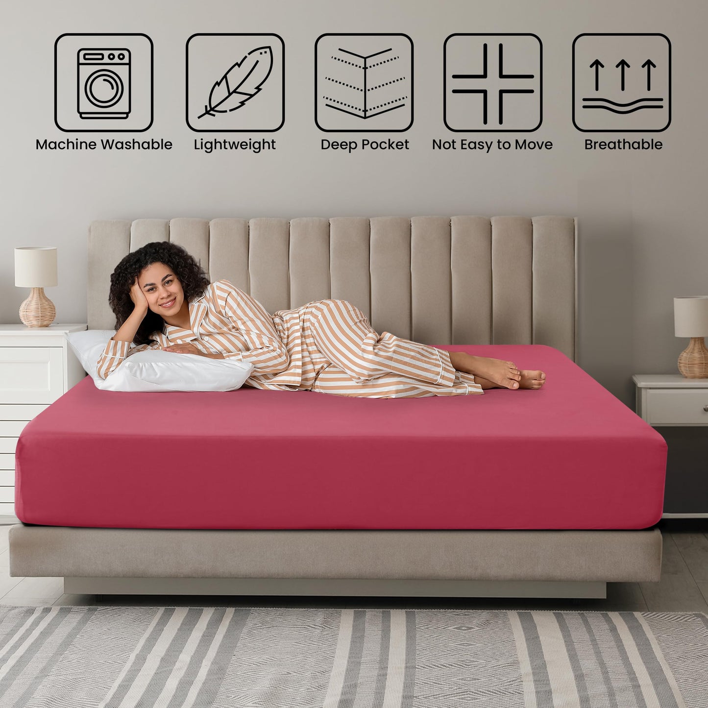 LUX Décor Queen Fitted Sheet Only - Easy to Fit 360 Elastic Microfiber Sheets - 16 Inches Deep Pocket - Wrinkles Fade Resistant - Burgundy