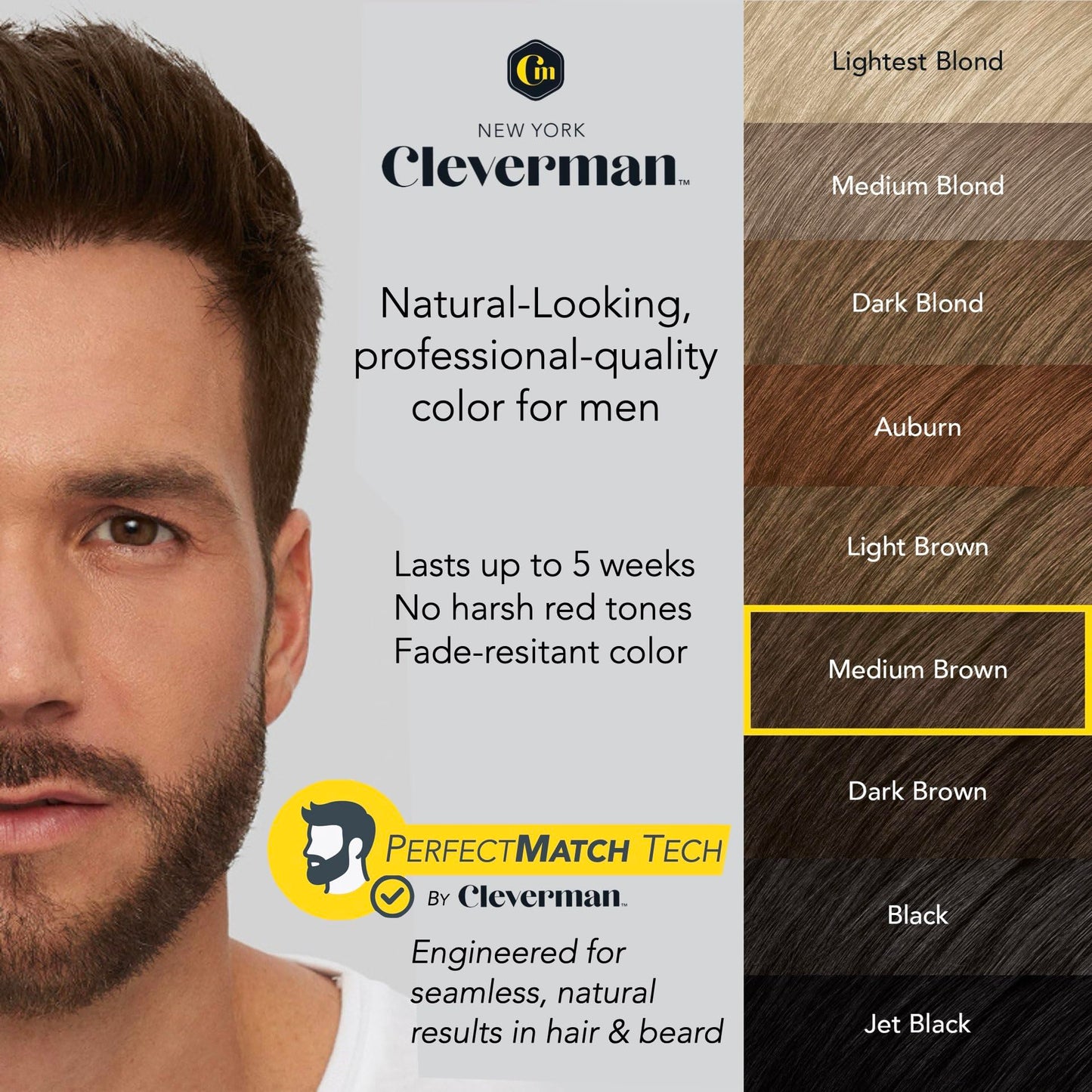 Reusable Hair & Beard Dye for Men - Medium Brown | Up to 5 Uses, 7 Minutes | Natural Gray Coverage, No-Drip Cream with SkinArmour - Cleverman