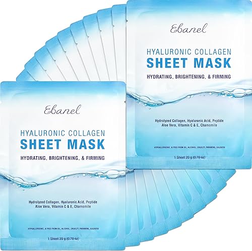 Ebanel 20 Pack Collagen Face Mask with Hyaluronic Acid, Vitamin C, Peptide, Aloe, Instant Brightening Hydrating Face Masks Skincare Korean Sheet Mask