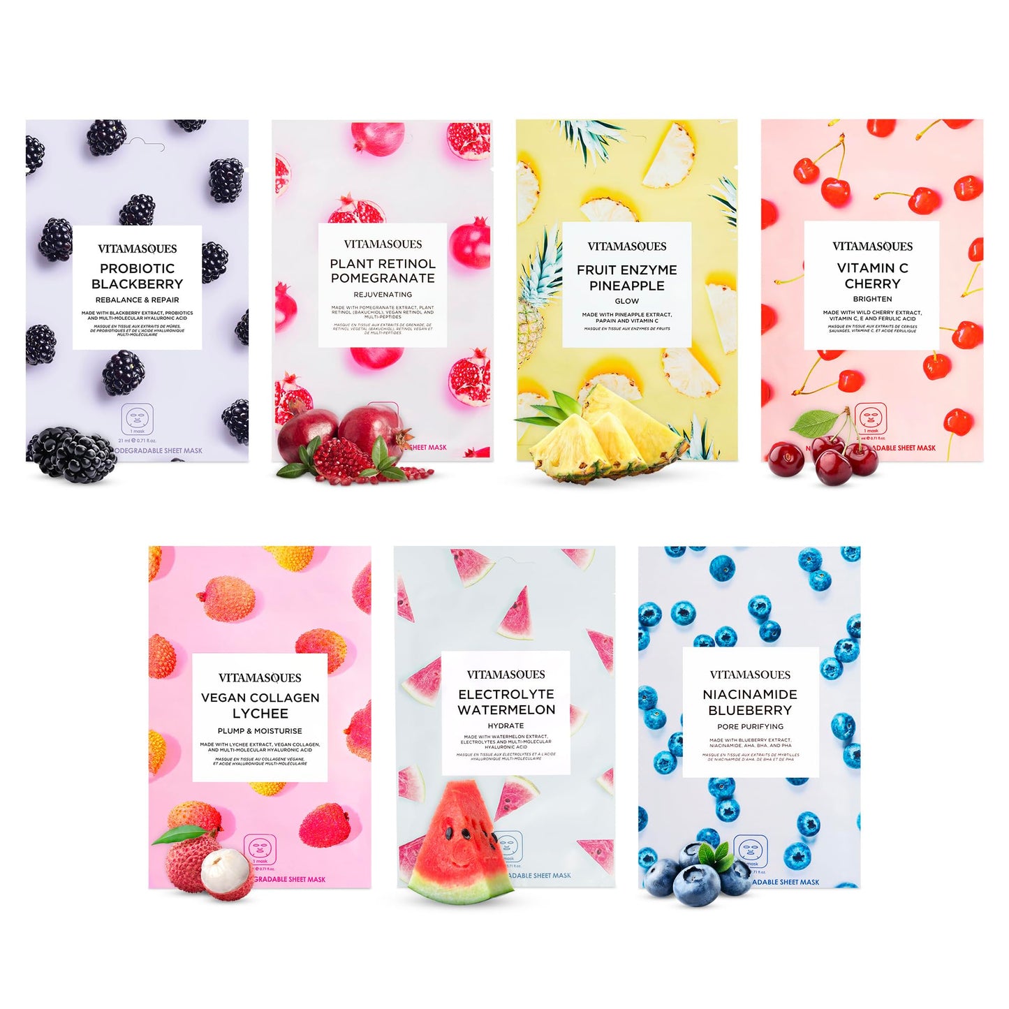 Vitamasques Face Masks Skincare Sheet Kit, 7-Pack - Juicy Collection of Triple-Layer Sheet Facial Masks - Korean Skin Care Pore Purifying