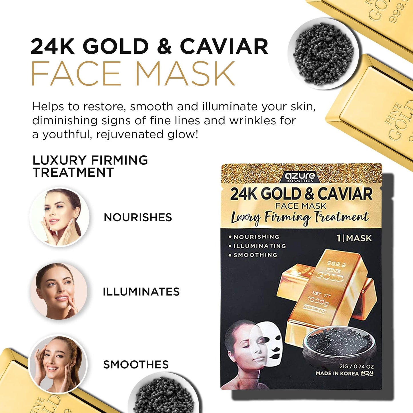 Azure Cosmetics 24K Gold and Caviar Anti Aging Luxury Face Mask - Hydrating & Firming Facial Mask - Helps Reduce Wrinkles & Fine Lines -