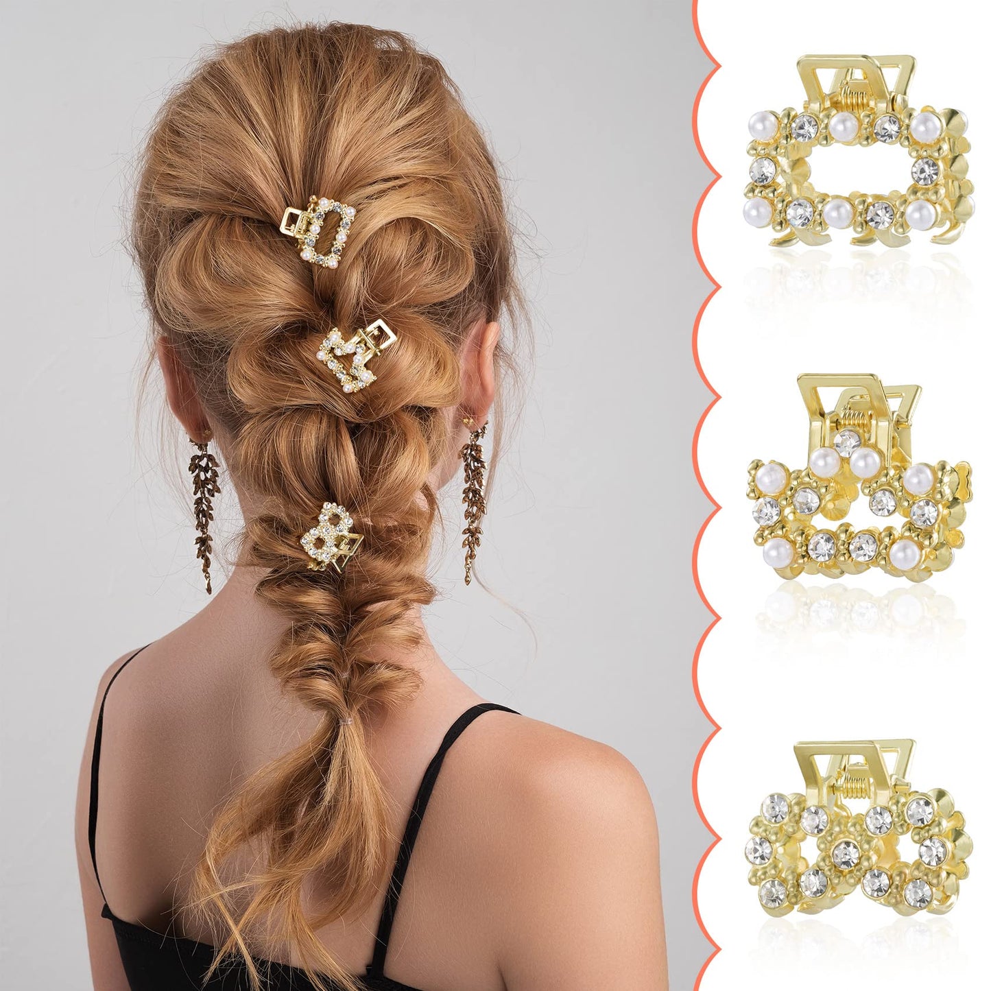 8 PCS Mini Pearl Hair Clips, PAGOW Gold Rhinestone Pearl Metal Claw Clips, Bangs Styling Claw Clips, Faux Pearls Crystal Sparkly Hairpins Hair