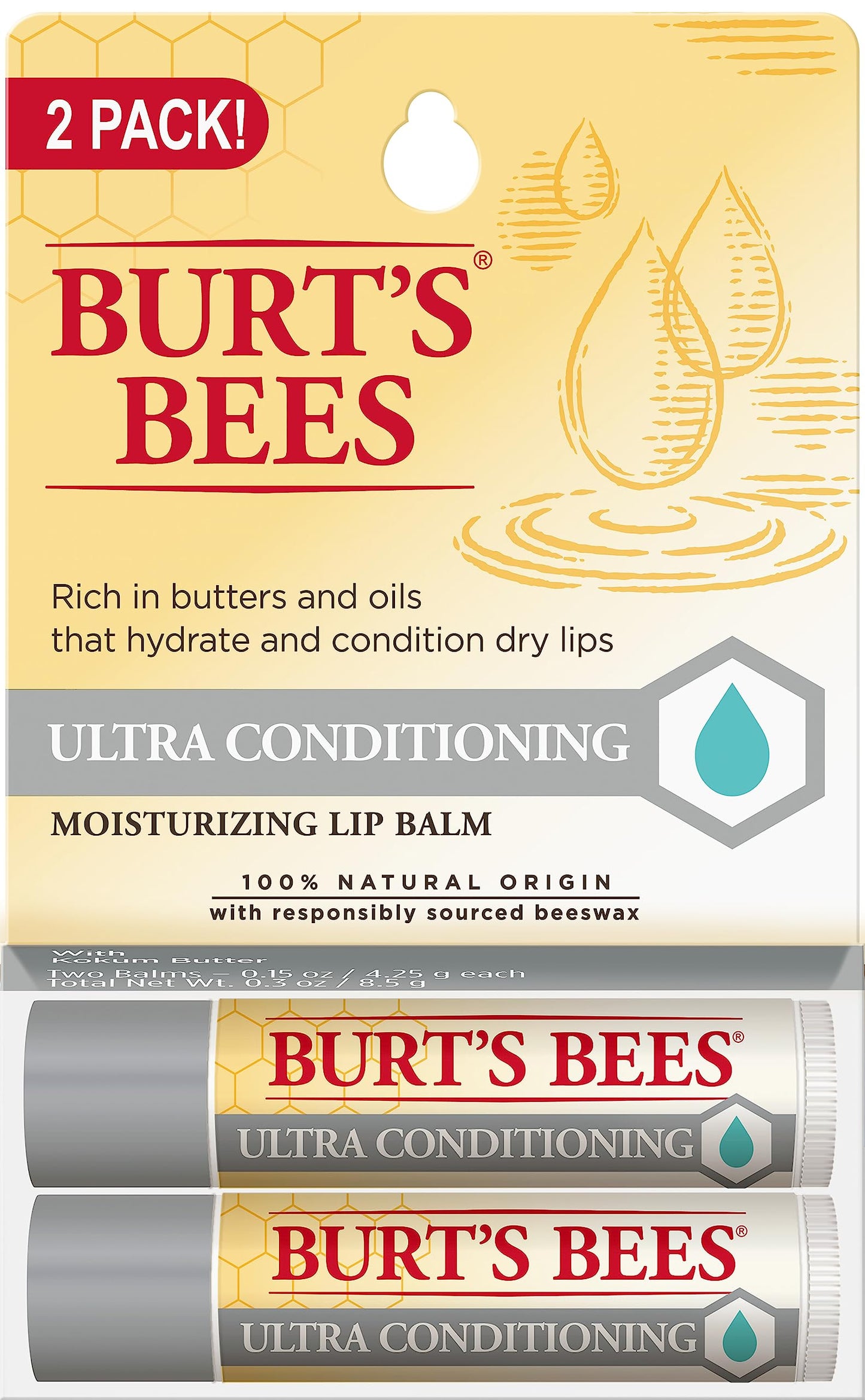 Burt's Bees Ultra Conditioning Moisturizing Lip Balm, Lip Moisturizer Rich in Oils and Butters, 2 Tubes, 0.15 oz.