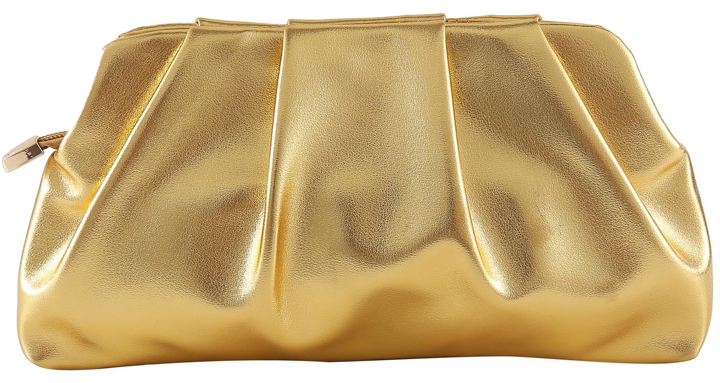 Evening Bag for Women Ruched Clutch Purse Detachable Metal Chain Crossbody Bag(gold)
