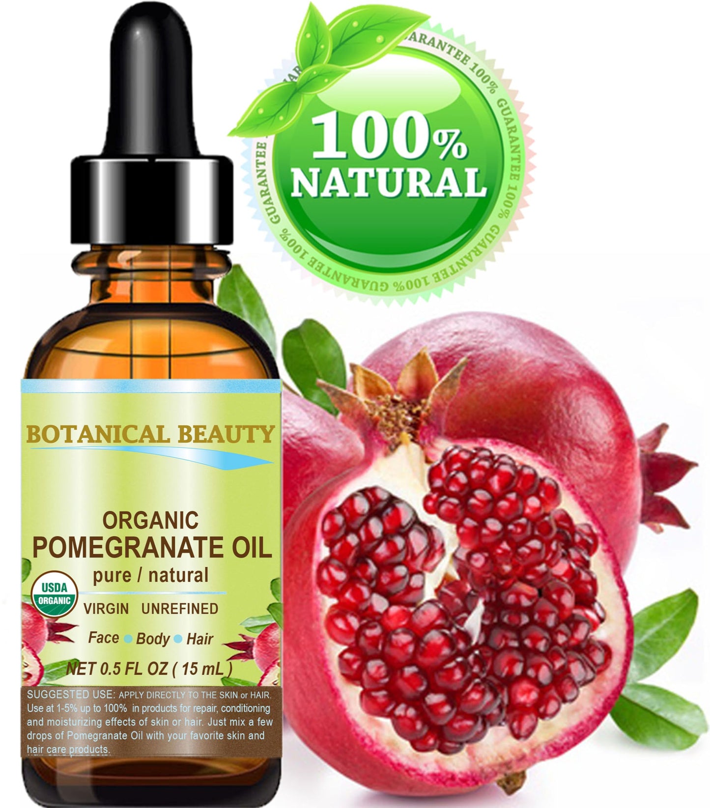 Botanical Beauty Organic POMEGRANATE OIL 100% Pure Natural Virgin Unrefined Cold-Pressed Carrier Oil 0.5 Fl oz 15 ml for Face, Skin, Body, Hair, Lip