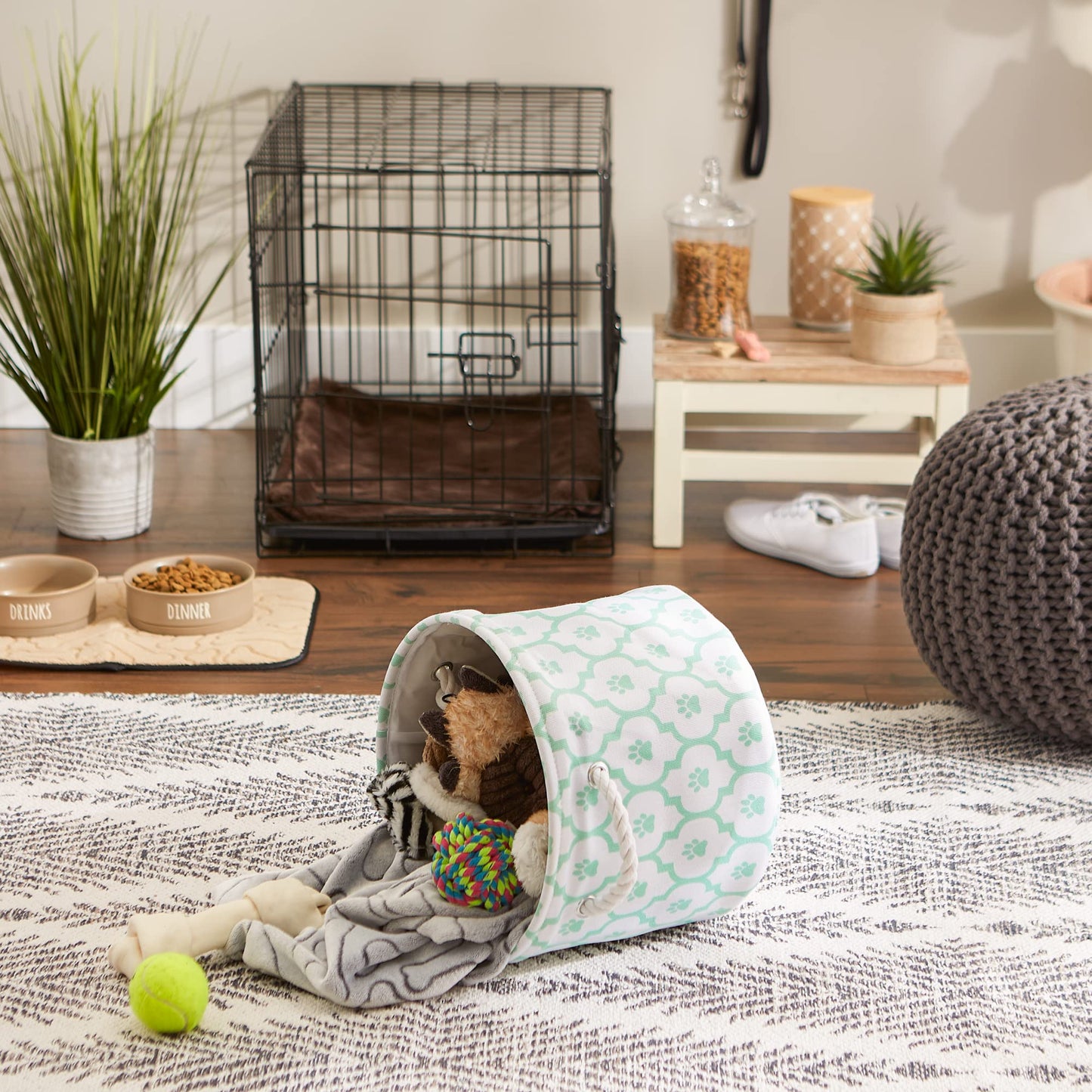Bone Dry Pet Storage Collection Lattice Paw Print, Small Round, White/Aqua