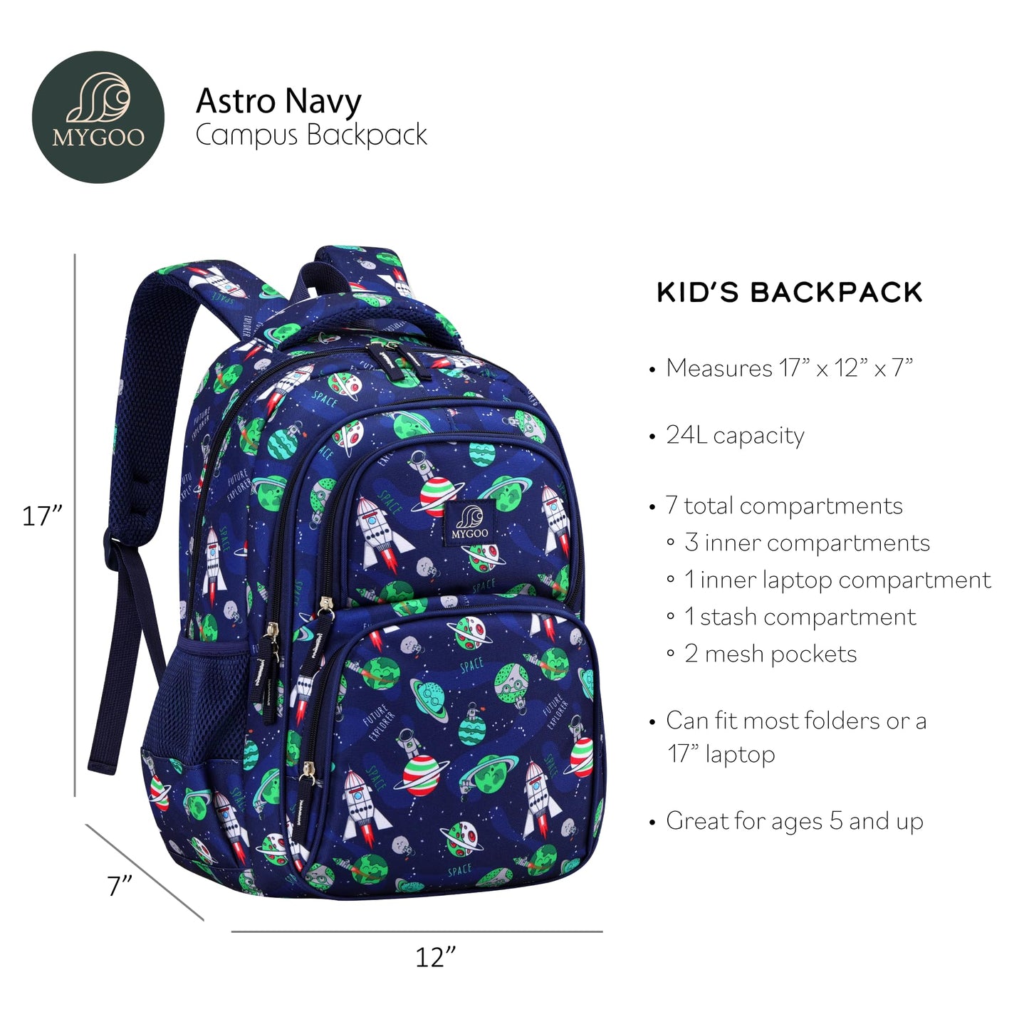 MYGOO Boys' Backpack | Campus Collection | Astro Navy Design | Ideal for Primary School | 24L | 17" Height