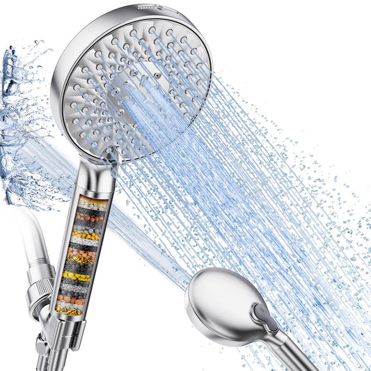 Filtered Handheld Shower Head – 9 Spray Modes, High Pressure Chrome Showerhead with Softening Beads for Hard Water & Chlorine Removal
