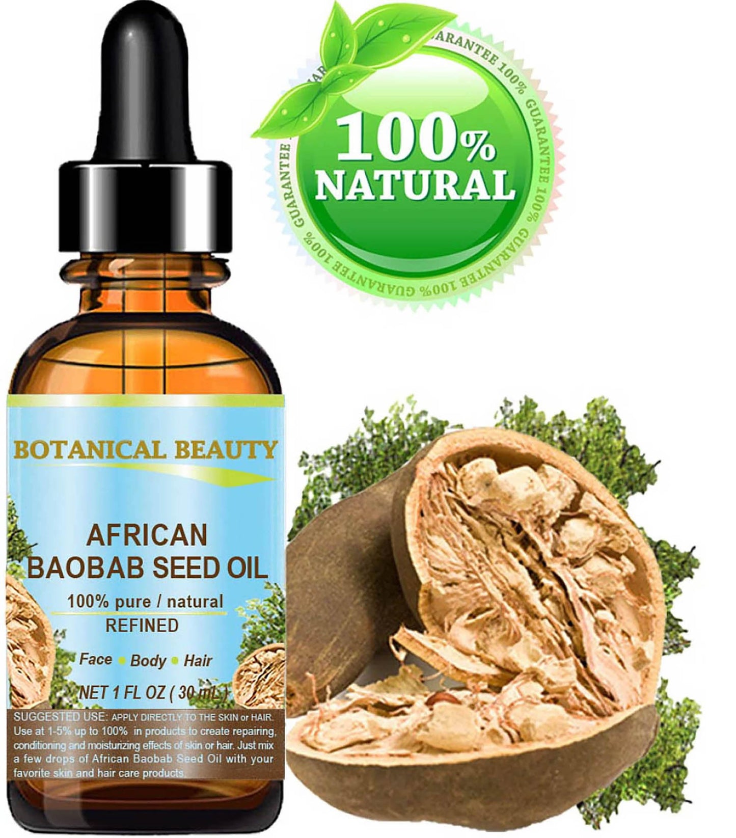Botanical Beauty BAOBAB SEED OIL 100% Pure Natural Refined Cold-Pressed Carrier Oil 1 Fl oz 30 ml For Face Skin Body Hair Lip Nails Rich in Vitamin C