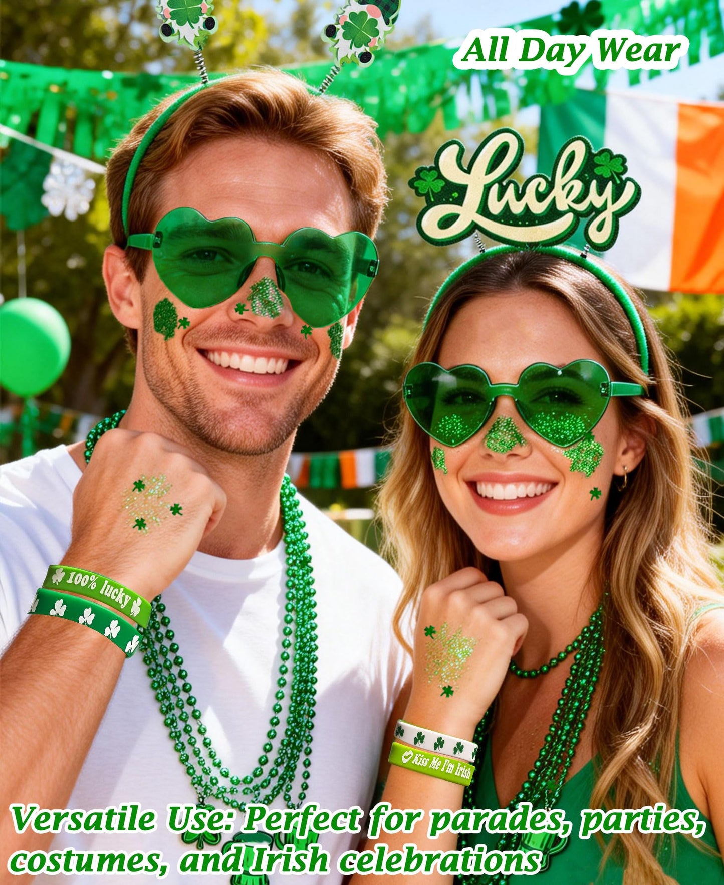 QVAIVE 117 Pcs St Patricks Day Accessories Party Favor Set with Custom Shamrock Glitter Gel,Glasses,Headbands,Bracelets,Necklaces for Irish Parades