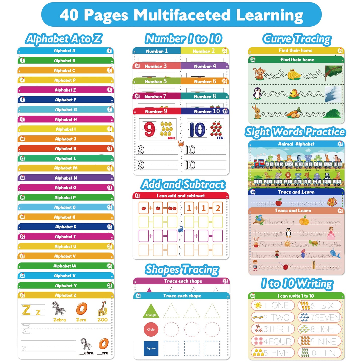 Handwriting Practice Book for Kids – 40-Page Montessori Learning Workbook for Letters, Numbers, Shapes & Sight Words with 8 Dry Erase Markers