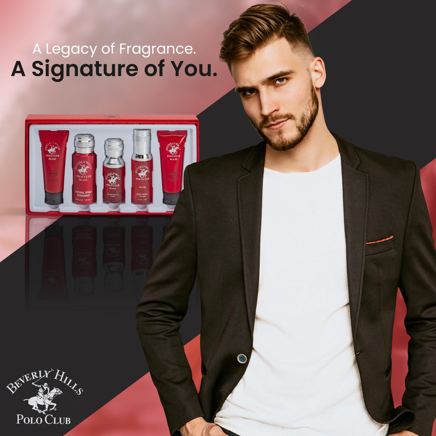 Beverly Hills Polo Club Blaze Men's 5-Piece Luxury Cologne Gift Set - Long-Lasting Spicy Woodsy Fresh Eau de Toilette Fragrance Collection for Him