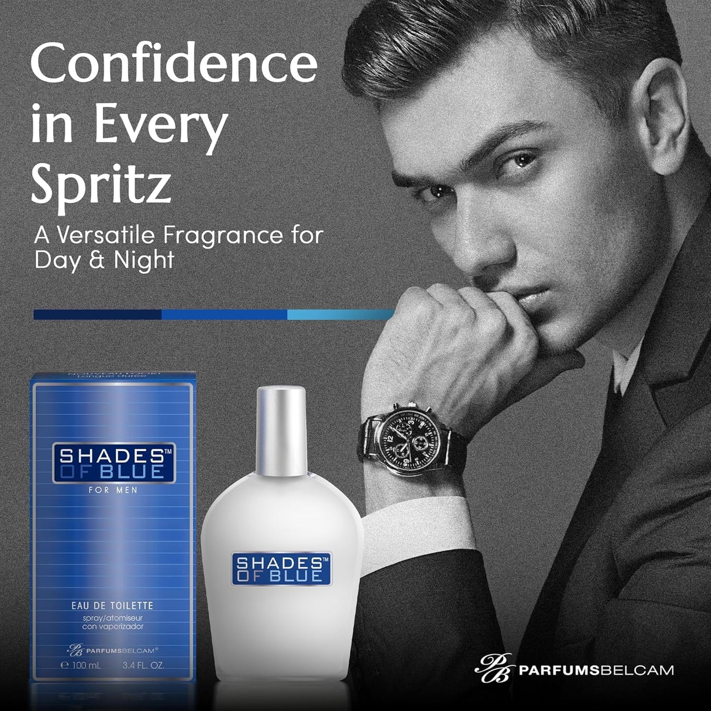 PB ParfumsBelcam Shades of Blue for Men, Our Version of Prestige Designer Eau de Toilette Spray, 100 mL.