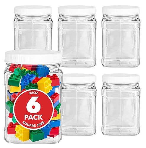 Stock Your Home Plastic Storage Jars (6 Pack) - 32 Oz Square Plastic Canisters with Lids - Shatterproof Plastic Storage Jars with Lids - Reusable…
