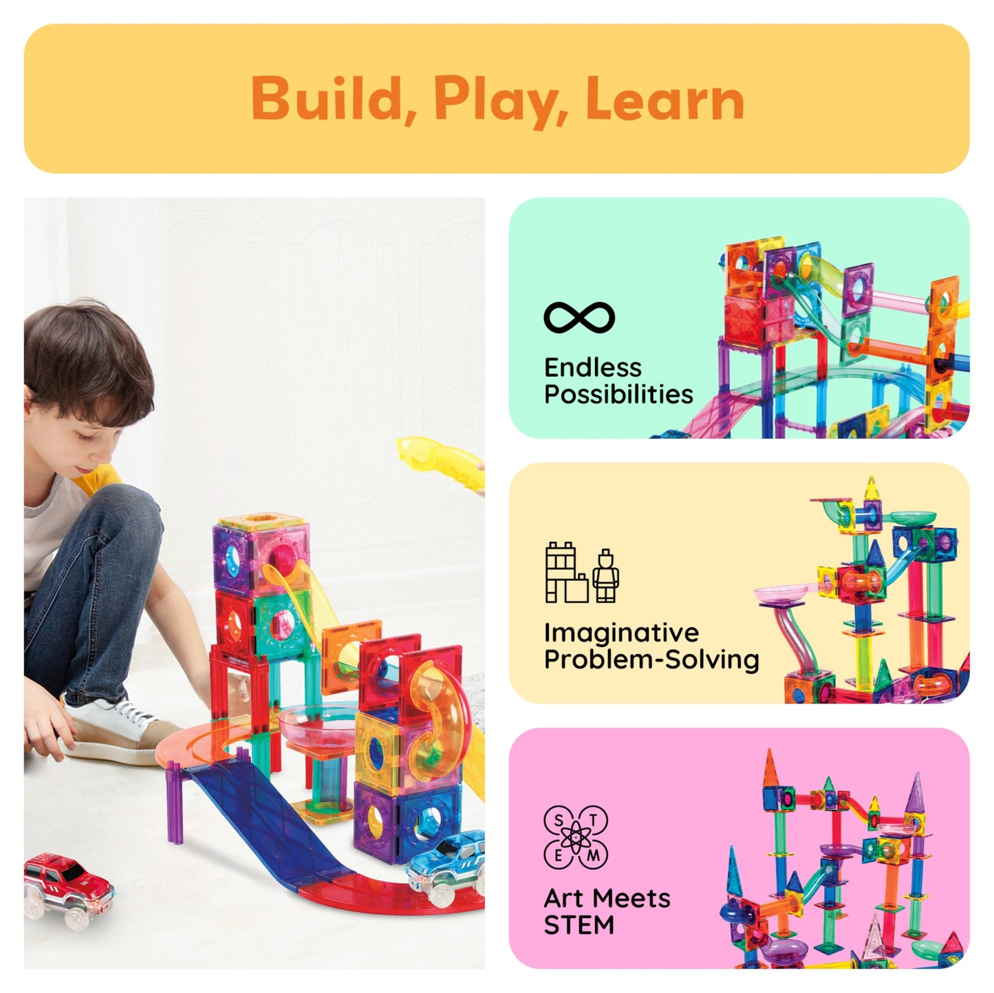 PicassoTiles 108pc 3-in-1 Marble Run & Car Track – Magnetic Tiles Building Blocks STEM Educational Construction Toy Set PTG108