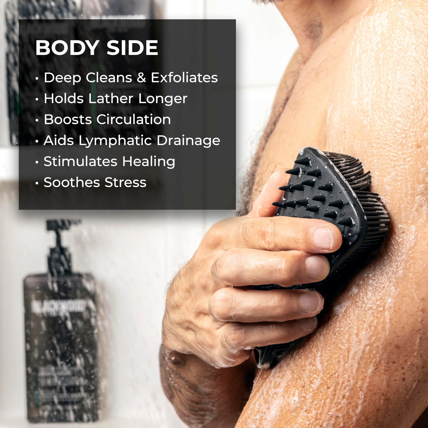 Blackwood For Men Double Duty Beard & Body Scrubber - Dual-Sided Men's Shower Tool - Handheld Body Wash Brush with Long Soft Silicone Bristles