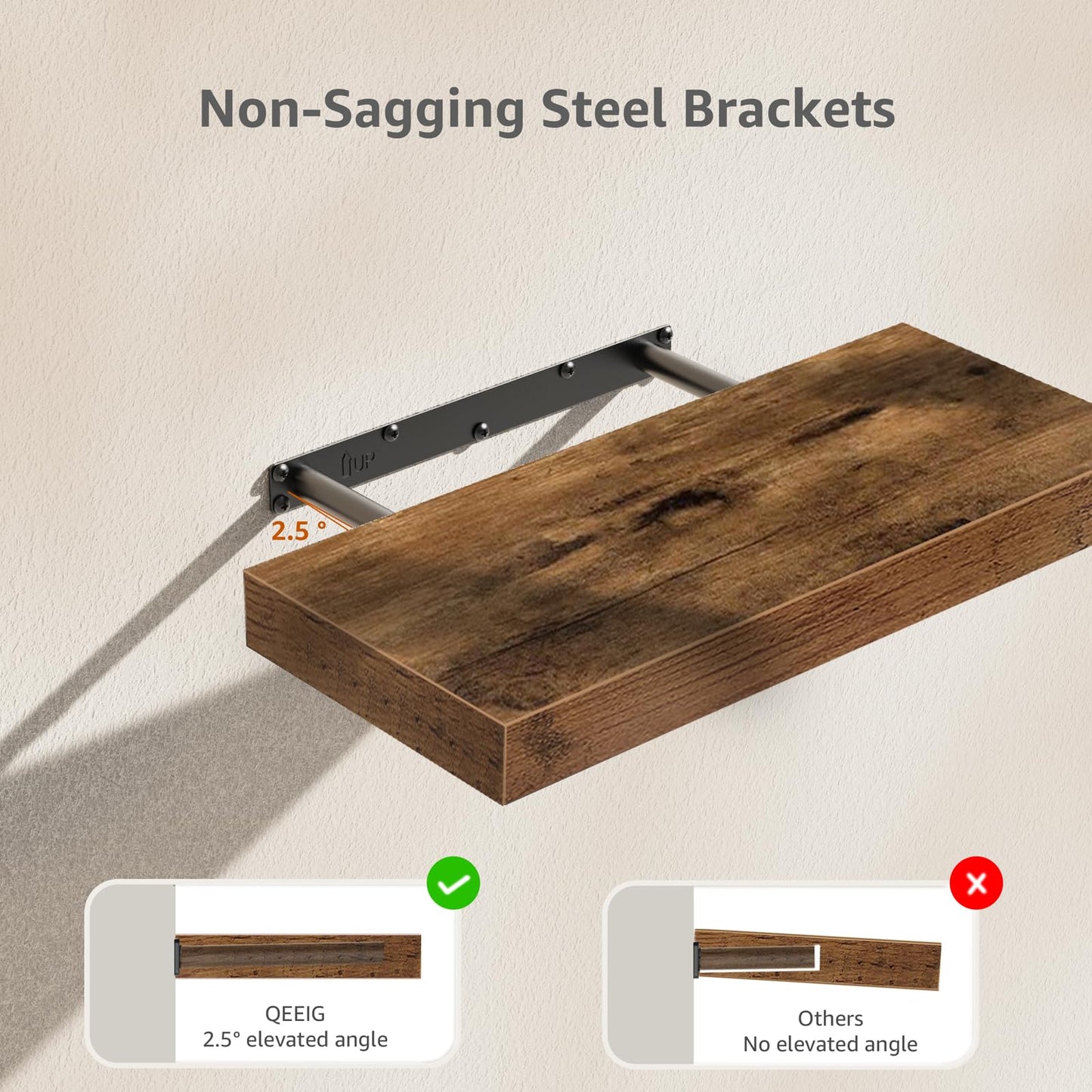 QEEIG Bathroom Floating Shelves, Wall Mounted Over Toilet Farmhouse Decor, Small 16-Inch Set of 2, Rustic Brown