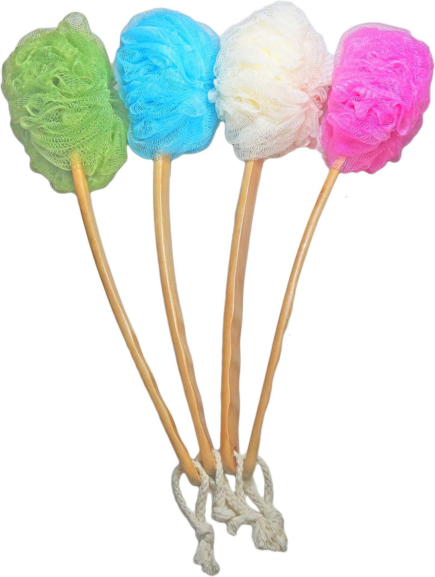 4 Pack Shower Loofah Body & Back Scrubber - Exfoliating Loofah luffa loofa Bath Brush On a Stick - with Long Wooden Handle Back Brush for Men & Women