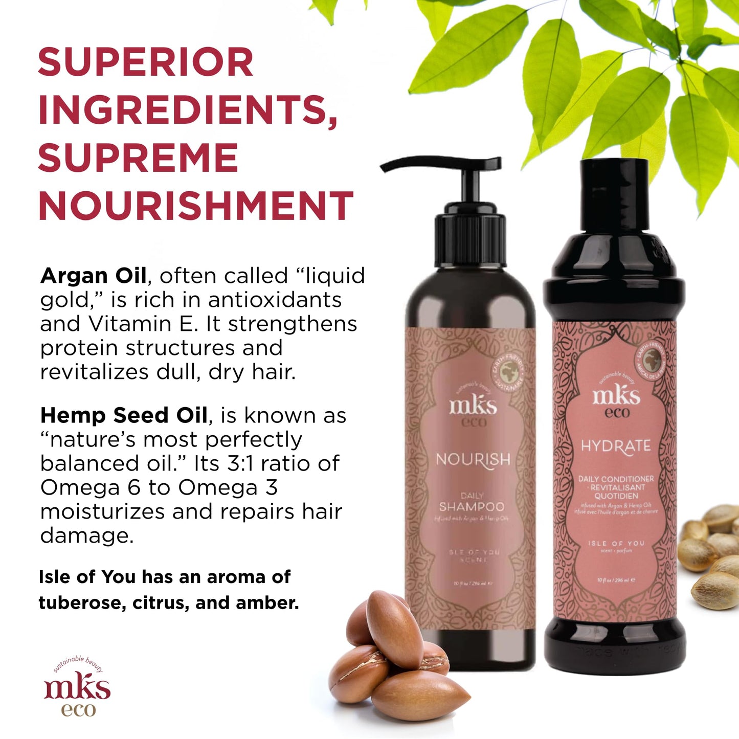 MKS eco Nourish Shampoo, Isle of You (10 fl oz) + MKS eco Hydrate Conditioner, Isle of You (10 fl oz) - Moroccan Argan Oil, Hemp Seed Oil - Vegan