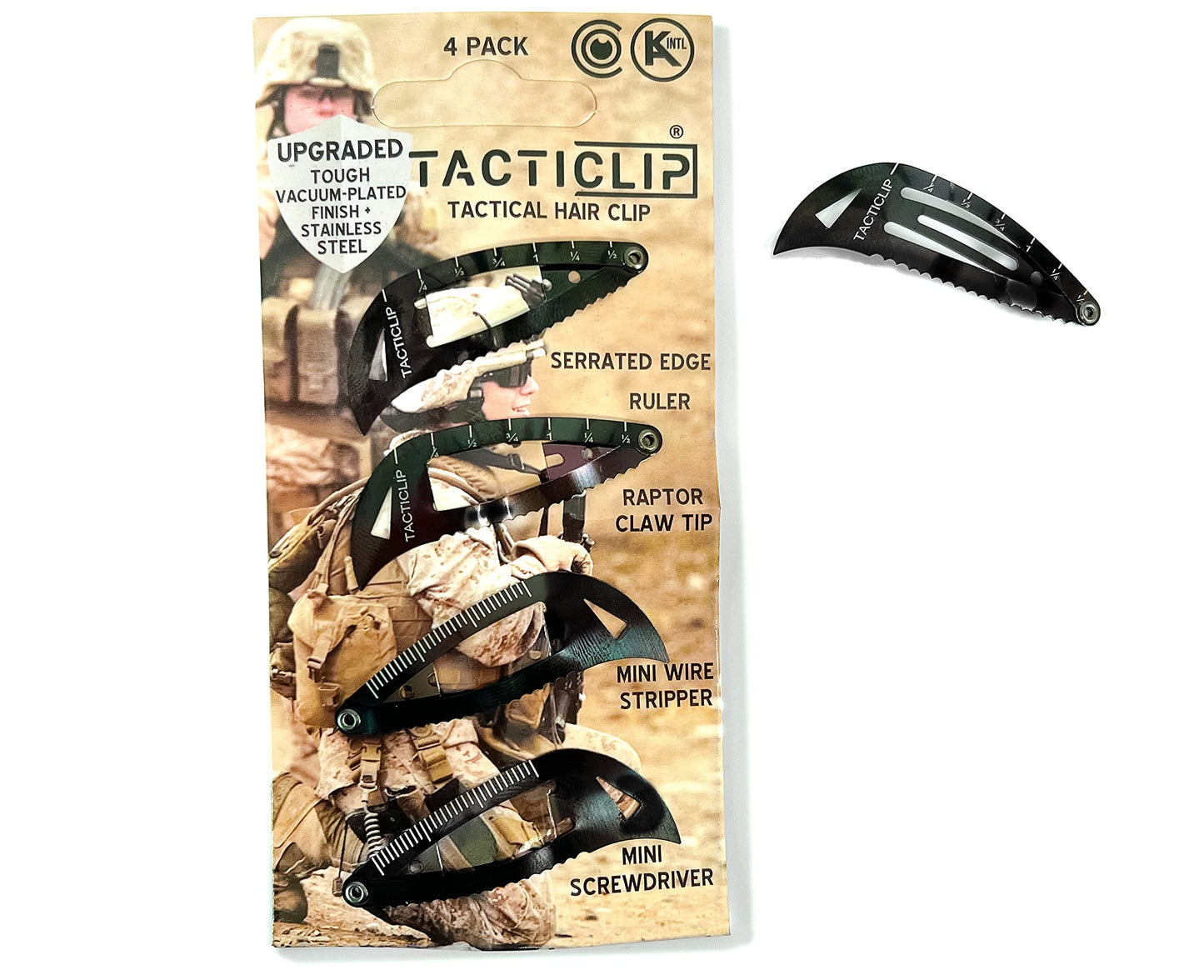 Tactical Hair Clips, 4 Pack - Black - Multitool Snap Barrettes - Laser Engraved, Vacuum Plated, Multi-Functional Keychain Multi Tool - Box Cutter