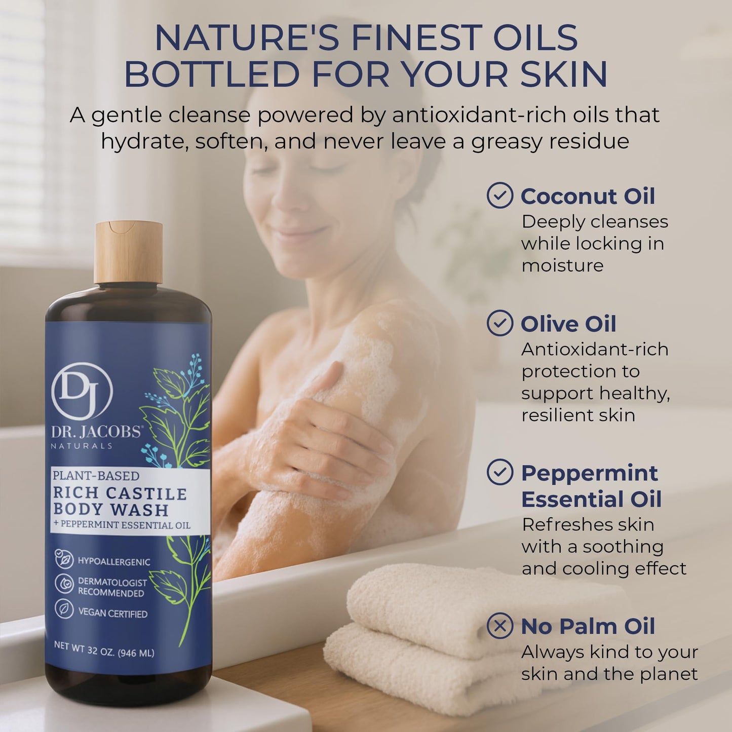 Dr. Jacobs Naturals Pure Castile Soap Liquid Body Wash, Peppermint - Plant Based Soap Infused with Vitamin E and Aloe Vera to Moisturize Dry