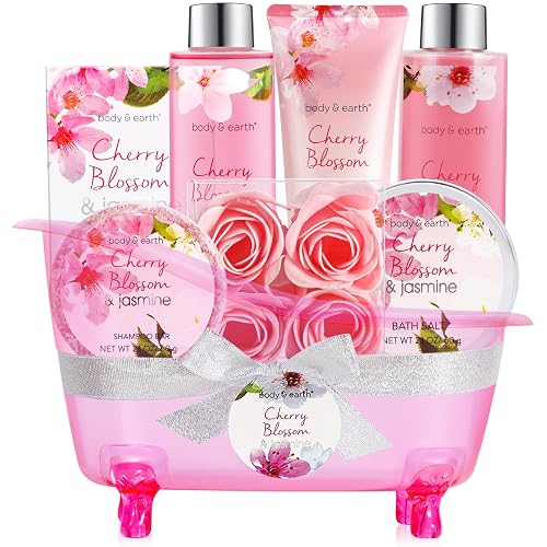 Body & Earth Spa Gifts for Women Self Care Kit - 8pcs Cherry Blossom & Jasmine Bath Sets for Women, Birthday, Mother's Day Gift Baskets for Mother Beauty & Personal Care BODY & EARTH
