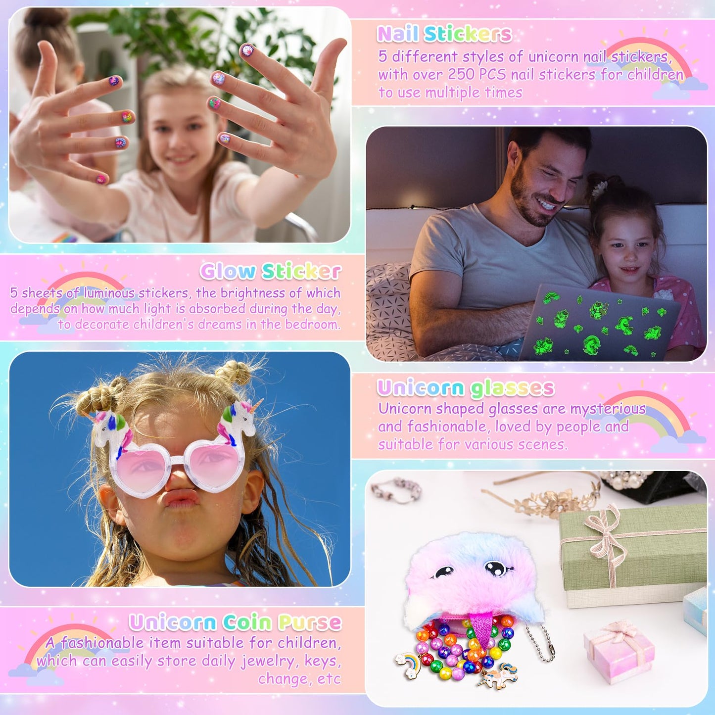 Unicorn Plush Toys Kit Girls Gift for Girls Stuffed Animal Toy/Purse/Ring/Glasses/Necklace/Bracelet/Decal/Earrings/Tiara Fun and Engaging Christmas…