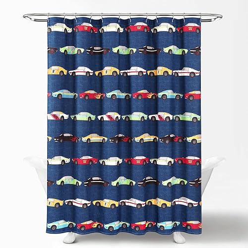 Lush Decor Race Cars Shower Curtain Single 72" W x 72" L Navy - Fabric Shower Curtains for Bathroom - Car Decor - Kids Bathroom Curtain